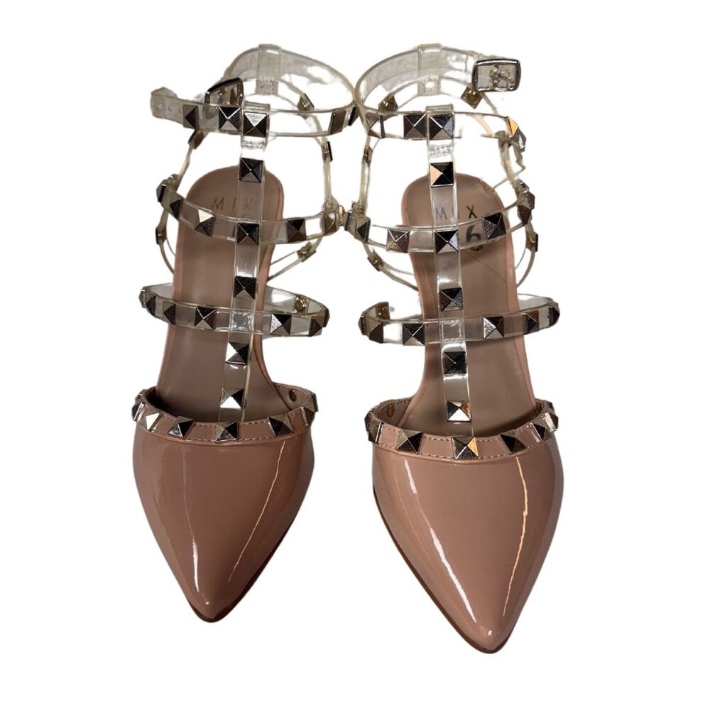 Title: Mix No. 6 Light Pink/Beige Studded Patent Pumps – Size 6.5
